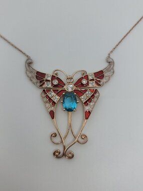Synthetic Diamond, Enamel, Topaz & Gold Butterfly Necklace